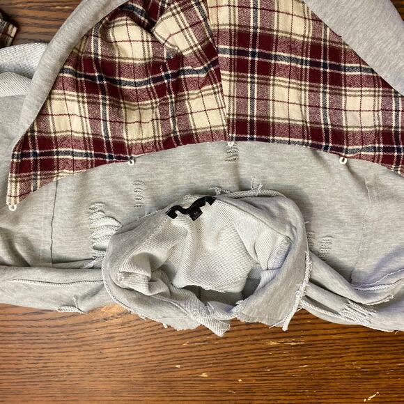 Dance & Marvel Grunge Distressed Ripped Detachable Hoodie Plaid Denim M Gorpcore - Picture 8 of 14